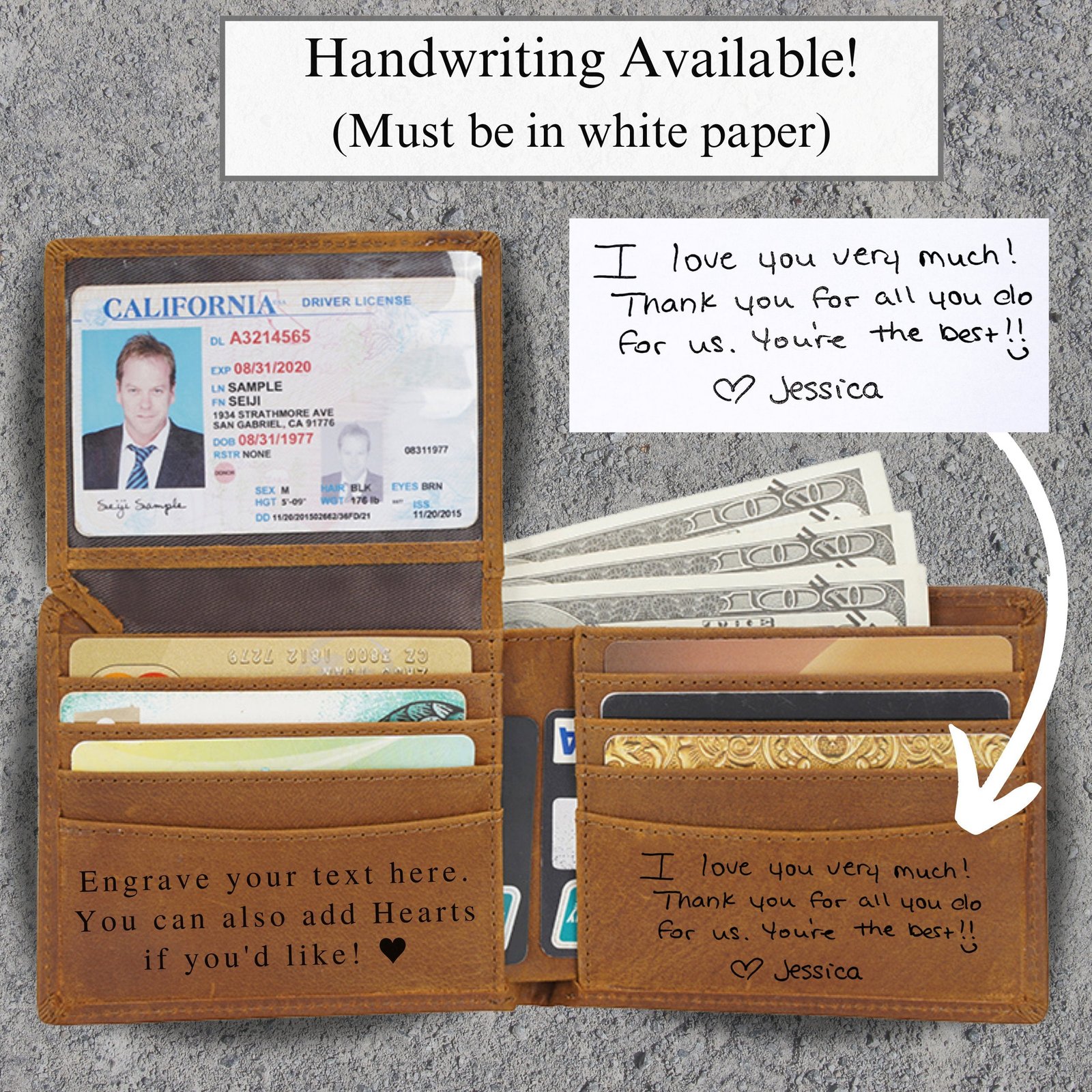 Men's leather bifold wallet, Genuine leather custom wallet, Gift for him, Husband Gift, Handwritten message available